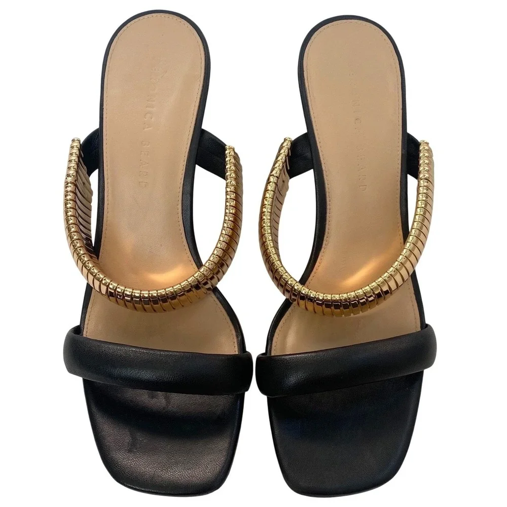 VERONICA BEARD Meena Heeled Sandals Size 9 Black Leather Gold Luxury Designer‎